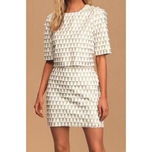 Lulus XS Dress Skirt Set White Gold Fringe Cropped Top Party Cocktail Bridal
